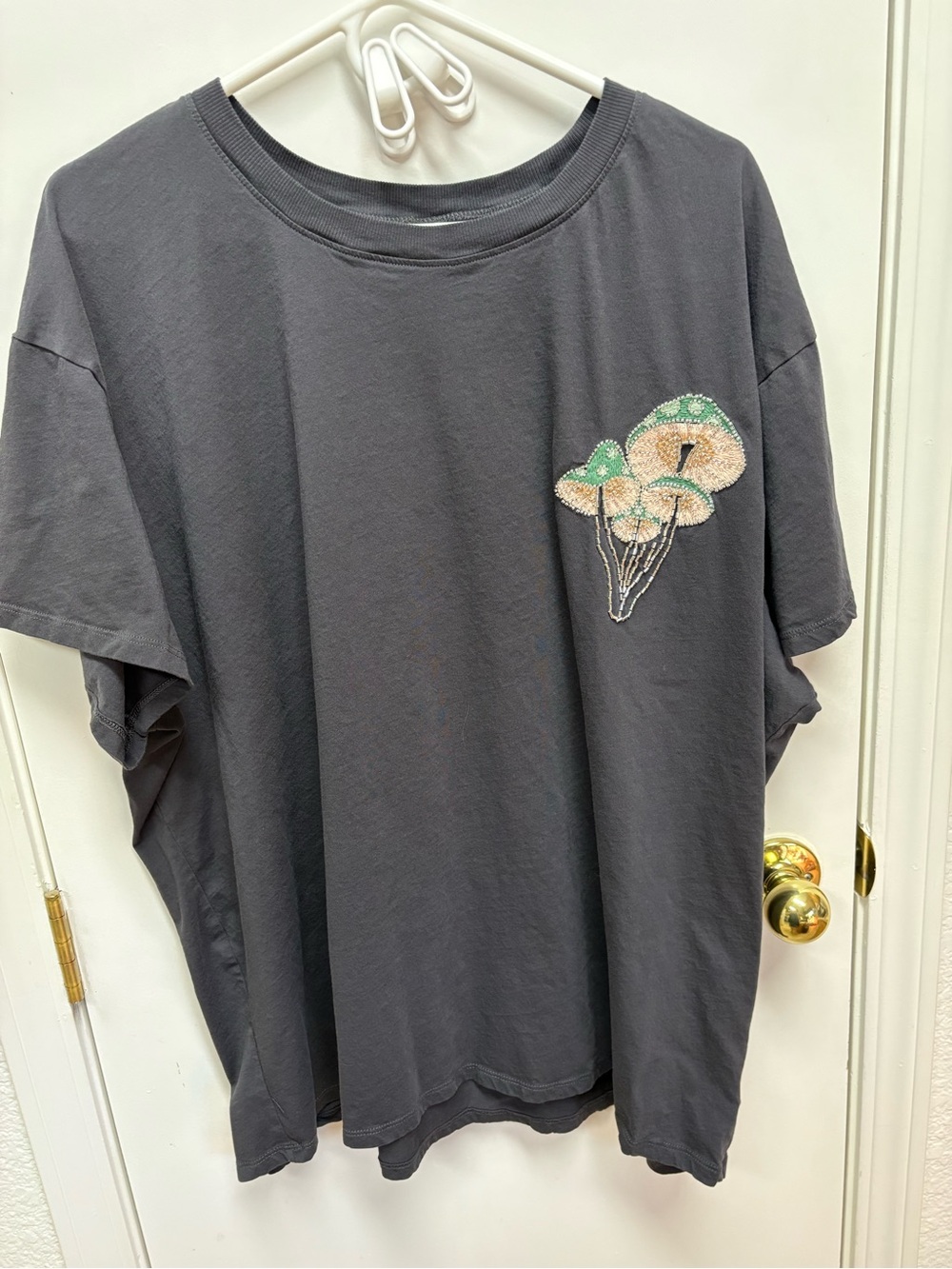 torrid Charcoal Tee with Green & Cream Mushroom Embroidery